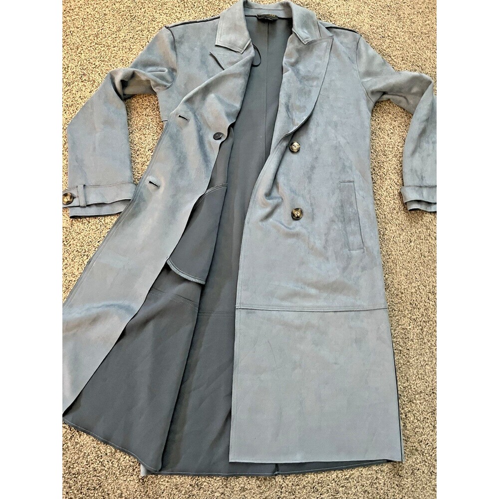 TRUTH BY REPUBLIC BLUE TRENCH COAT LUXURIOUS SOFT ULTRA SUEDE Sz Small - Picture 8 of 10